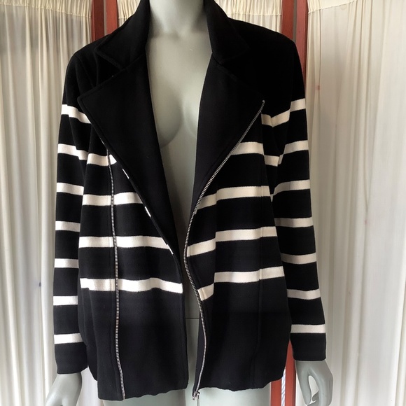 Ralph Lauren Women's Asymmetrical Zip Cardigan Black White Striped Size 1X - Picture 4 of 7